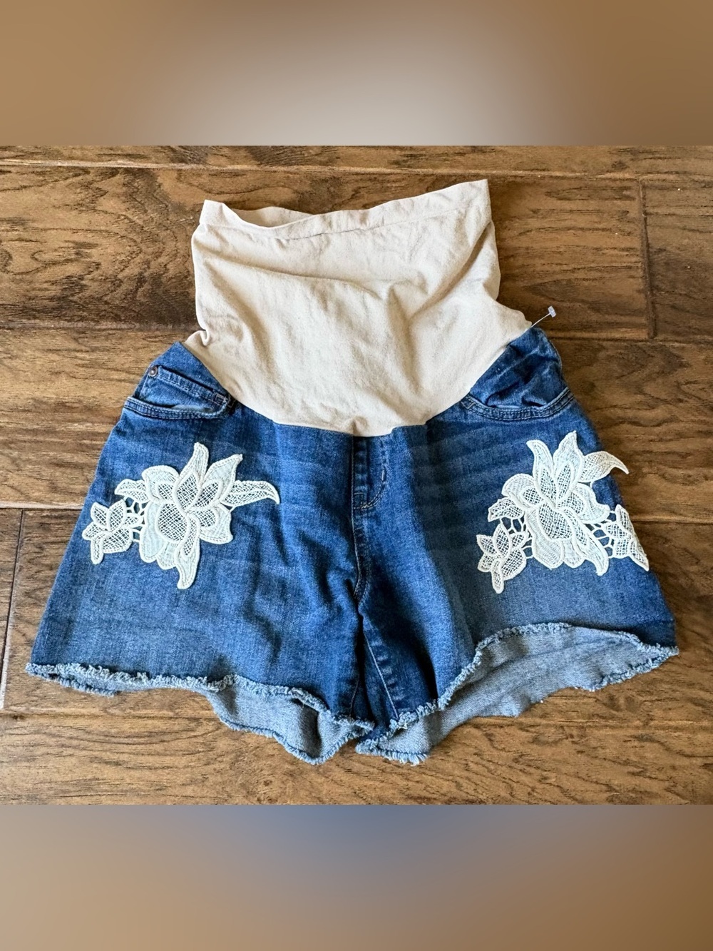 Indigo Blue Denim Maternity Shorts with Cream Waist and White Lace